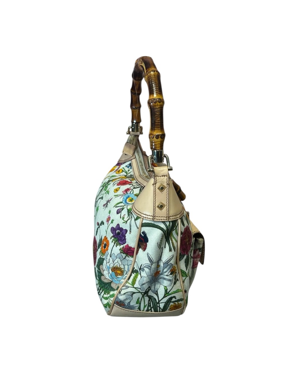 Vintage Y2K Gucci Flora Bamboo Canvas Leather Bamboo Shoulder Bag - Picture 6 of 6